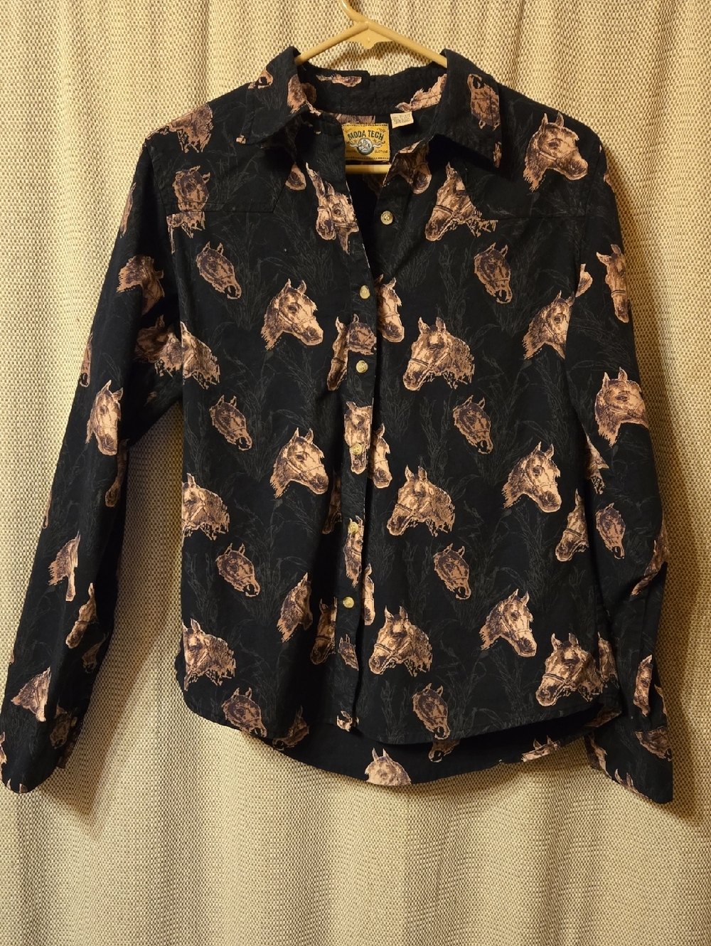 Women's Black Button-Down Shirt with Tan Horse Print